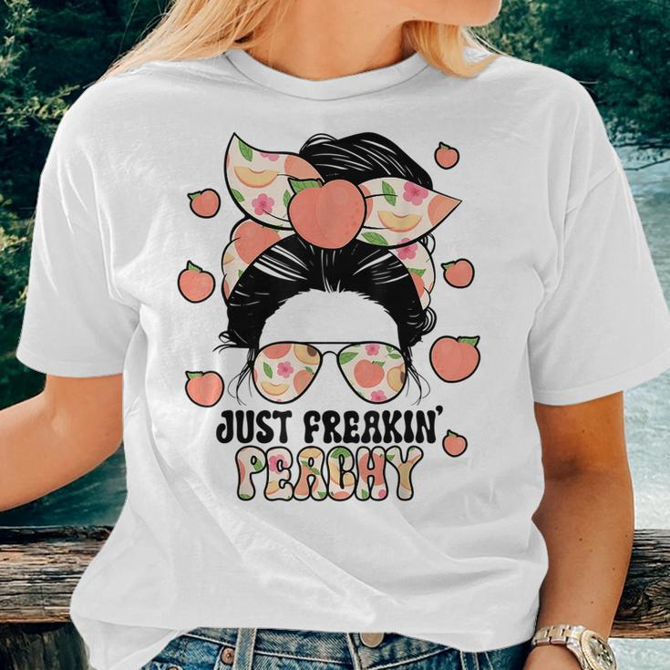 Just Freakin Peachy Peach Messy Bun Girl Summertime Women T-shirt Short Sleeve Graphic Gifts for Her