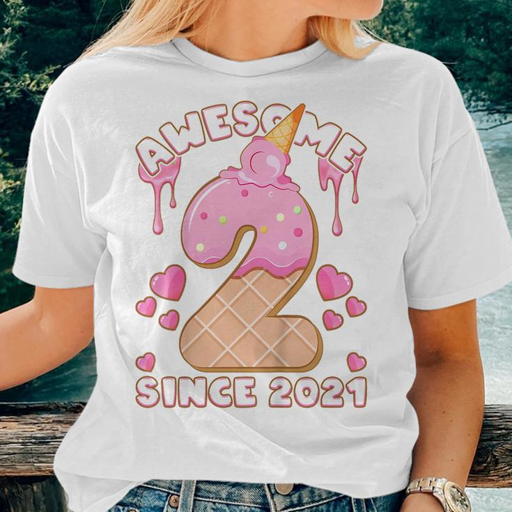 Kids Birthday Girl 2 Years Old Ice Cream Awesome Since 2021 Women T-shirt Short Sleeve Graphic Gifts for Her