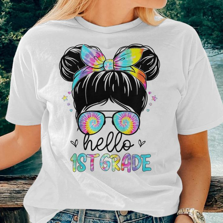 Kids Hello 1St Grade Messy Hair Bun Girl Back To School First Day Women T-shirt Gifts for Her