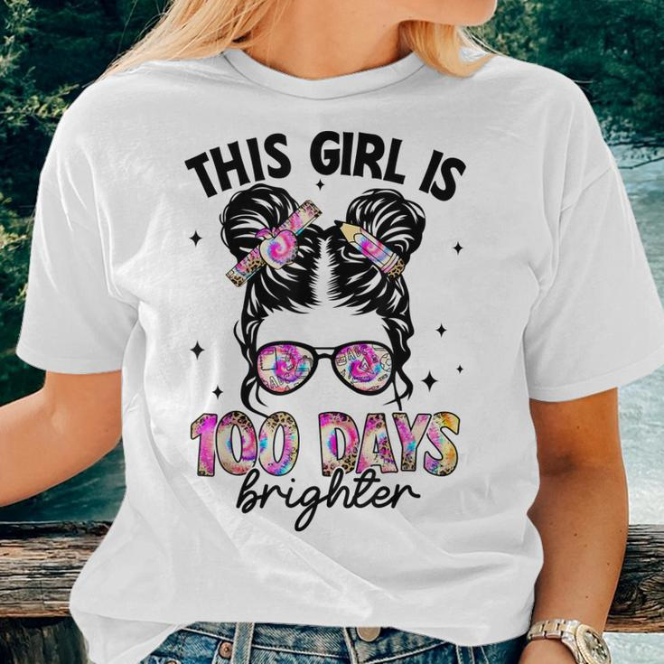 Messy Bun 100 Days Of School This Girl Is 100 Days Brighter Women T-shirt Casual Daily Basic Unisex Tee Gifts for Her