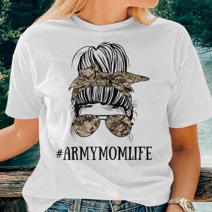 Messy Bun Life Of A Proud Army Mom Military Women T-shirt Gifts for Her