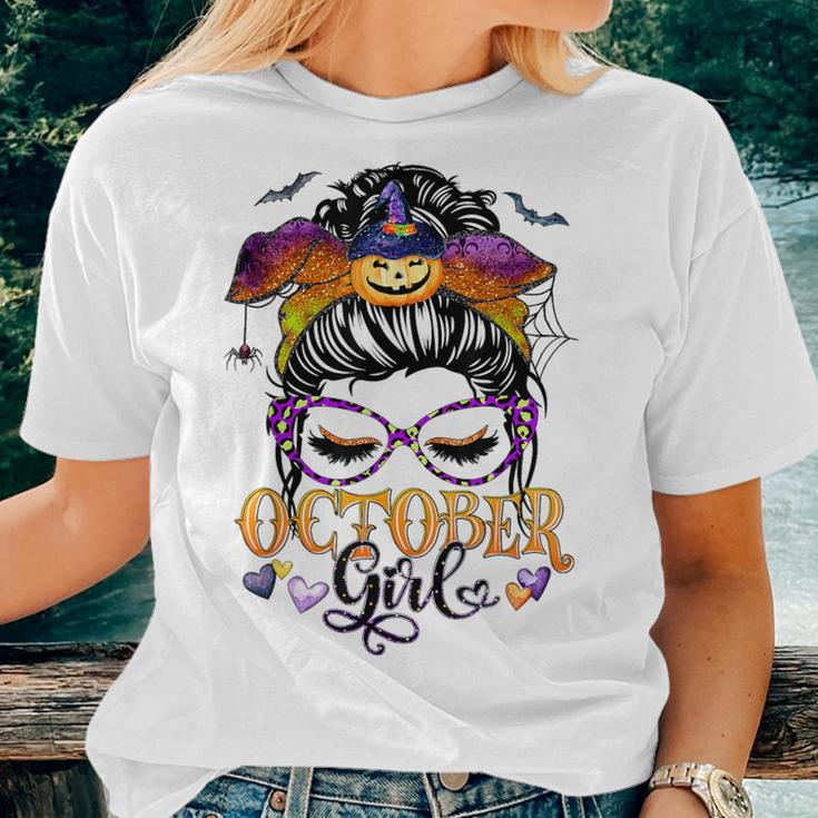October Girl Halloween Messy Bun Lady Hair Glasses Leopard Women T-shirt Gifts for Her