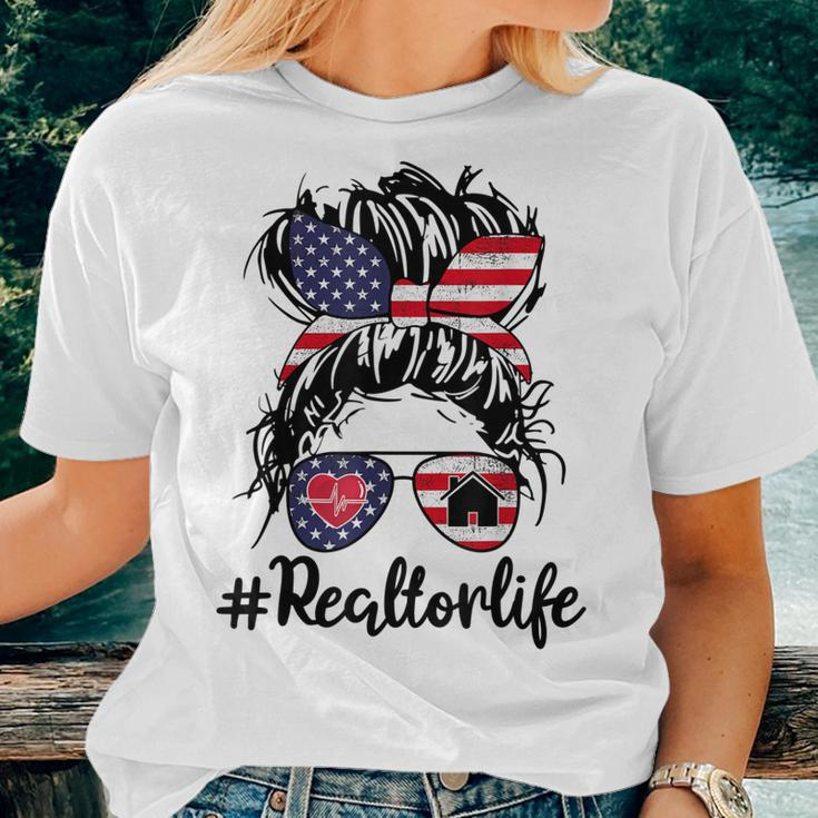Realtor Life Real Estate 4Th Of July Messy Bun Flag Us Women T-shirt Gifts for Her