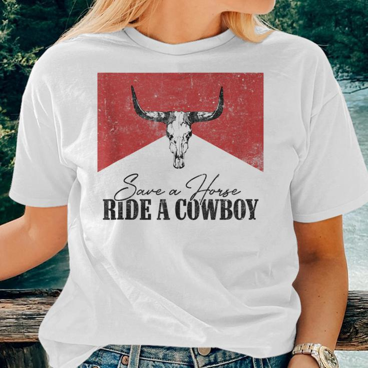 Retro Bull Skull Save A Horse Ride A Cowboy Western Country Women T-shirt Crewneck Short Sleeve Graphic Gifts for Her
