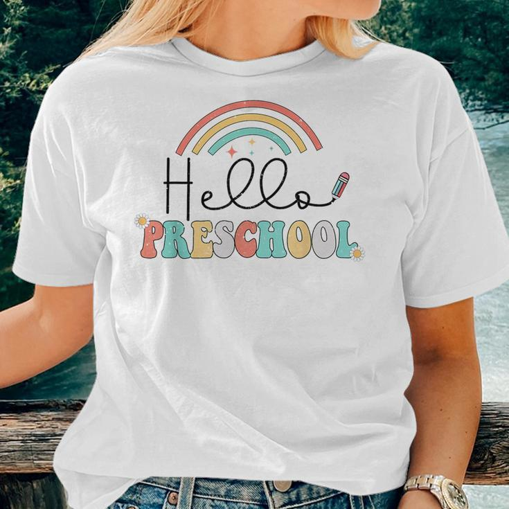 Retro First Day Of School Hello Preschool Teacher Rainbow For Teacher Women T-shirt Crewneck Gifts for Her