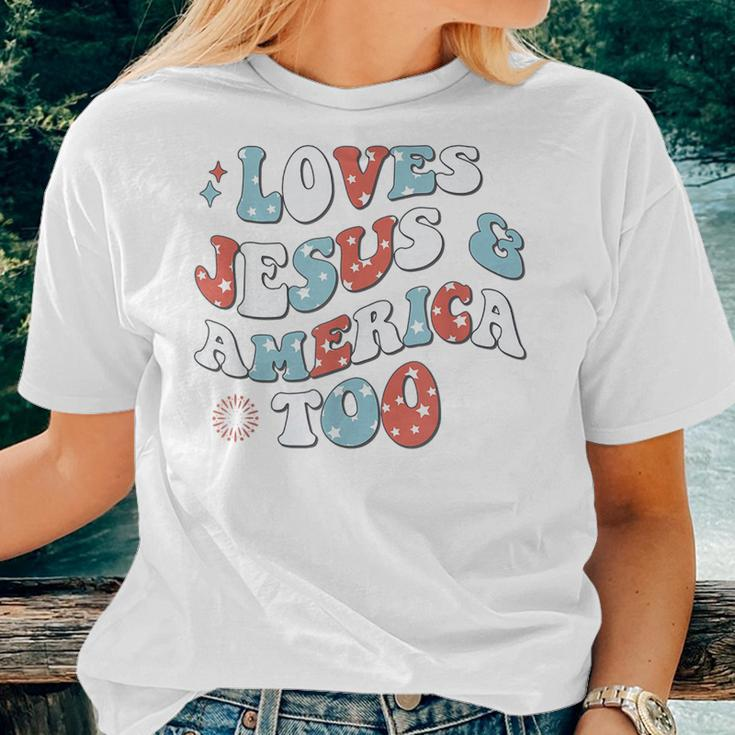 Retro Loves Jesus And America Too 4Th Of July Jesus Usa Flag Usa Women T-shirt Crewneck Gifts for Her