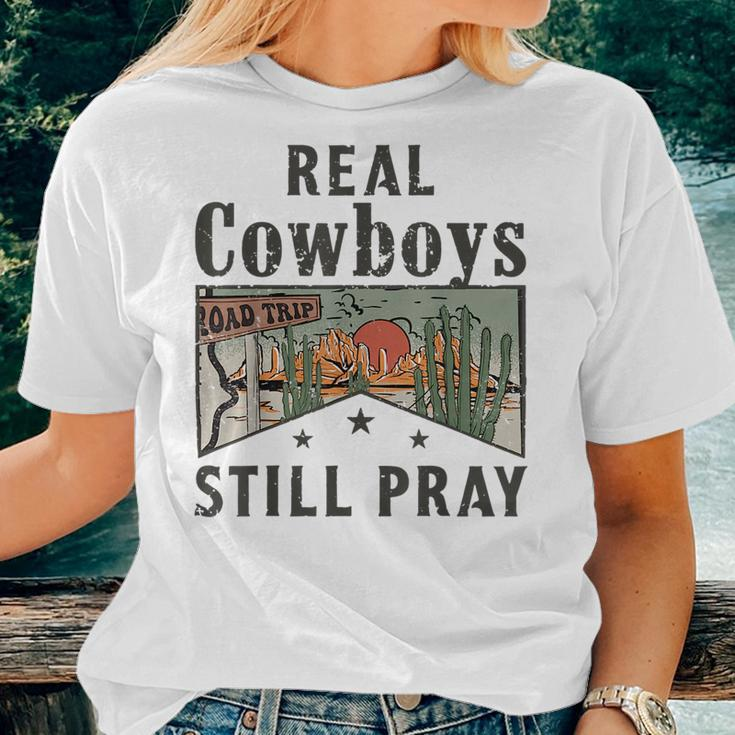 Western Boho Christian Faith-Based Real Cowboys Still Pray Women T-shirt Gifts for Her