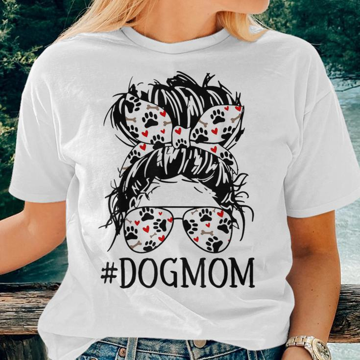Women's Messy Bun Mom Dog Mom Glasses Fun Dog Lovers Women T-shirt Gifts for Her