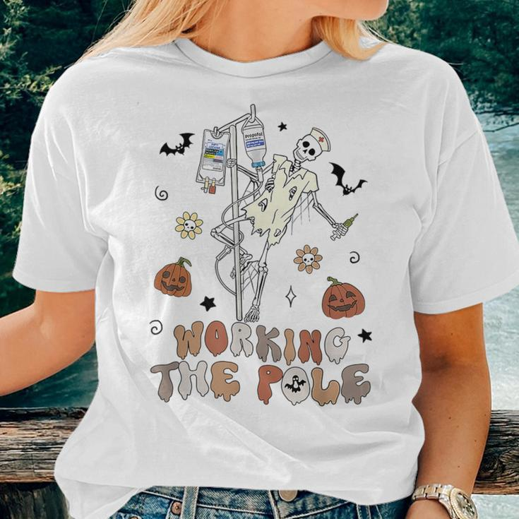 Working The Nursing Pole Skeleton Crna Icu Nurse Halloween Women T-shirt Gifts for Her