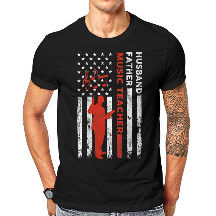 Music Teacher Husband Dad Vintage Usa Flag American Fathers  Gift For Womens Gift For Women Men T-shirt Crewneck Short Sleeve