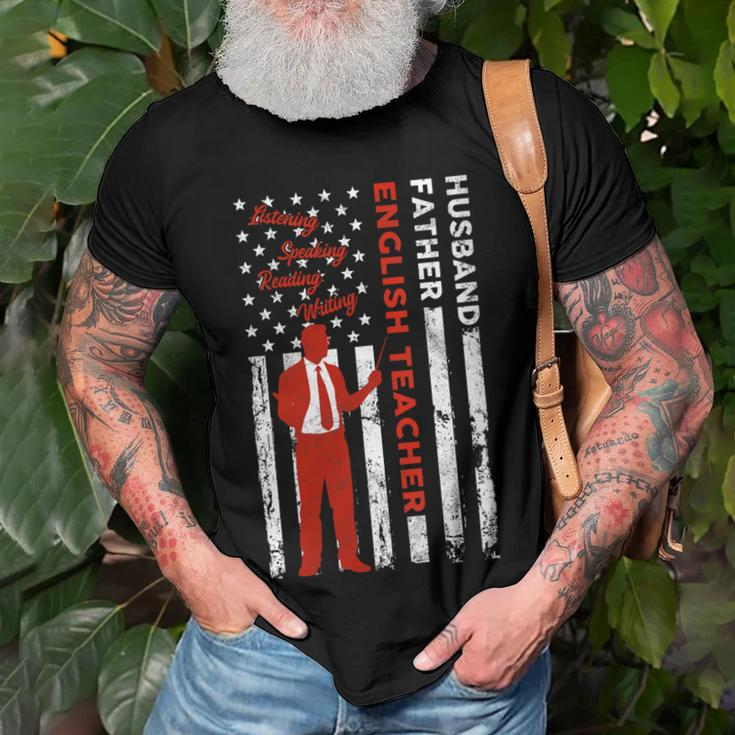 English Teacher Husband Dad Usa Flag American Fathers Gift For Womens Gift For Women Men T-shirt Crewneck Short Sleeve
