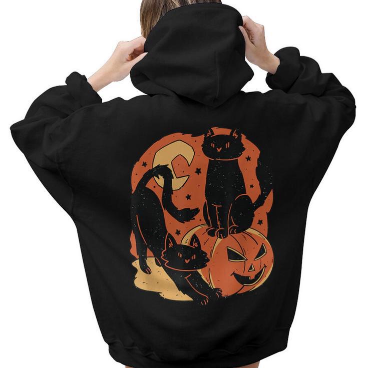 Vintage Scary Halloween Black Cats And Pumpkin Women Hoodie Back Print