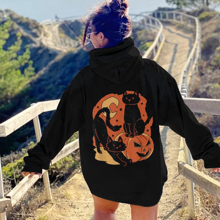 Vintage Scary Halloween Black Cats And Pumpkin Women Hoodie Back Print