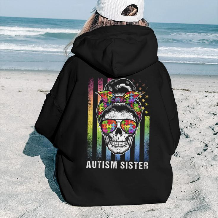 Autism Sister Cool Messy Bun Girl Usa American Flag Vintage For Sister Women Hoodie Back Print