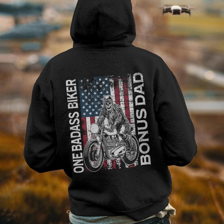 One Badass Biker Bonus Dad Grunge American Flag Skeleton Funny Gifts For Dad Back Print Hoodie