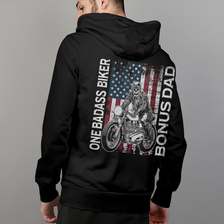 One Badass Biker Bonus Dad Grunge American Flag Skeleton Funny Gifts For Dad Back Print Hoodie