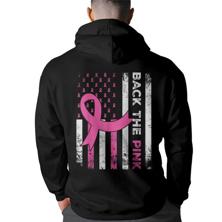 Back The Pink Ribbon American Flag Breast Cancer Awareness Hoodie Back Print