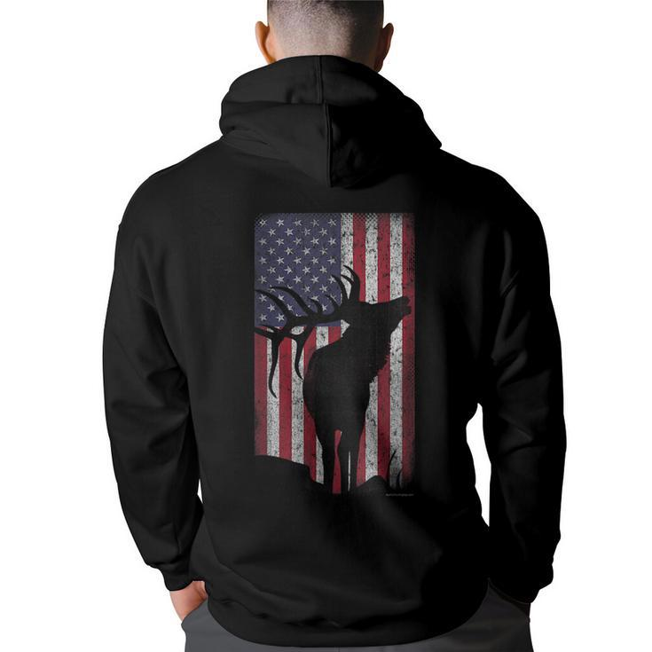 Elk Hunting Bugling Bull Us Flag - American Retro  Back Print Hoodie