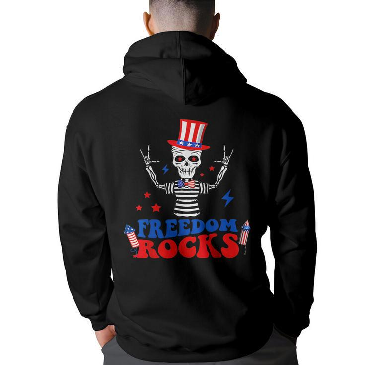Freedom Rocks Skeleton American Flag Independence Day 1776  1776 Funny Gifts Back Print Hoodie