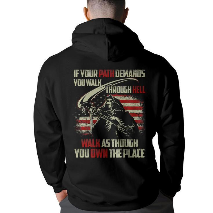 If Your Path Demands You Walk Through Hell Skeleton Usa Flag   Usa Funny Gifts Back Print Hoodie