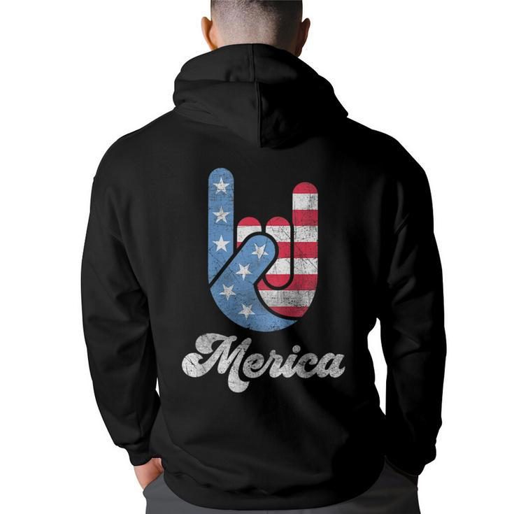 Merica Rock N Roll Hand Red White Blue Funny 4Th Of July  Back Print Hoodie