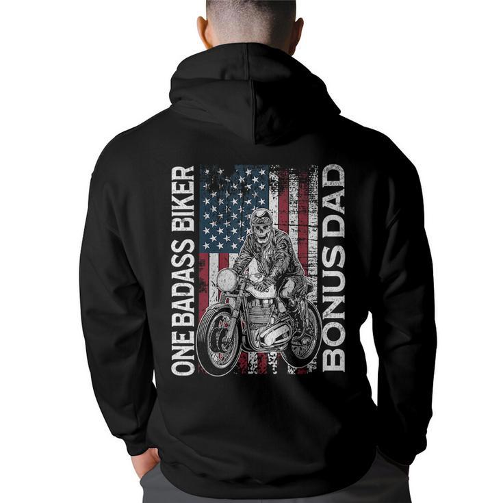 One Badass Biker Bonus Dad Grunge American Flag Skeleton  Funny Gifts For Dad Back Print Hoodie