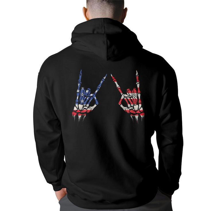 Patriotic Usa Flag Skeleton Rock On Devil Horns 4Th Of July  Patriotic Funny Gifts Back Print Hoodie