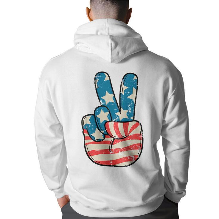 American Flag Peace Sign Hand 4Th Of July Patriotic Men Boys  Patriotic Funny Gifts Back Print Hoodie