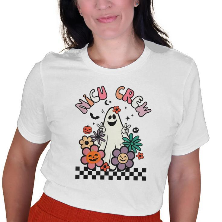 Retro Halloween Nicu Crew Nurse Cute Ghost Neonatal Icu Old Women T-shirt