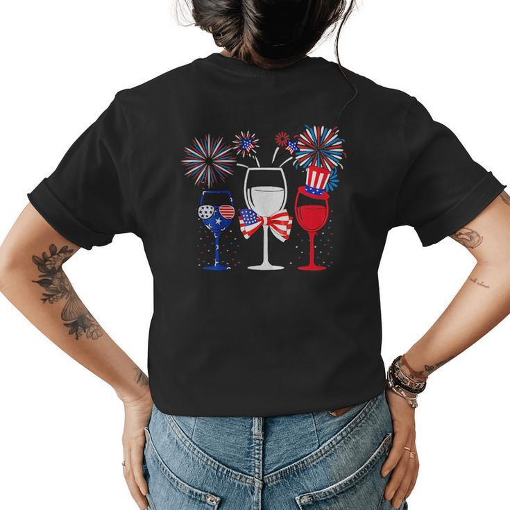 4Th Of July Red White Blue Wine Glasses Fireworks Usa  Womens Back Print T-shirt