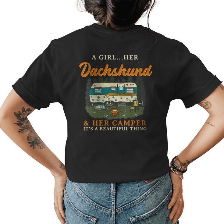 A Girl Her Dachshund And Her Camper Weiner Camping Gift For Womens Womens Back Print T-shirt
