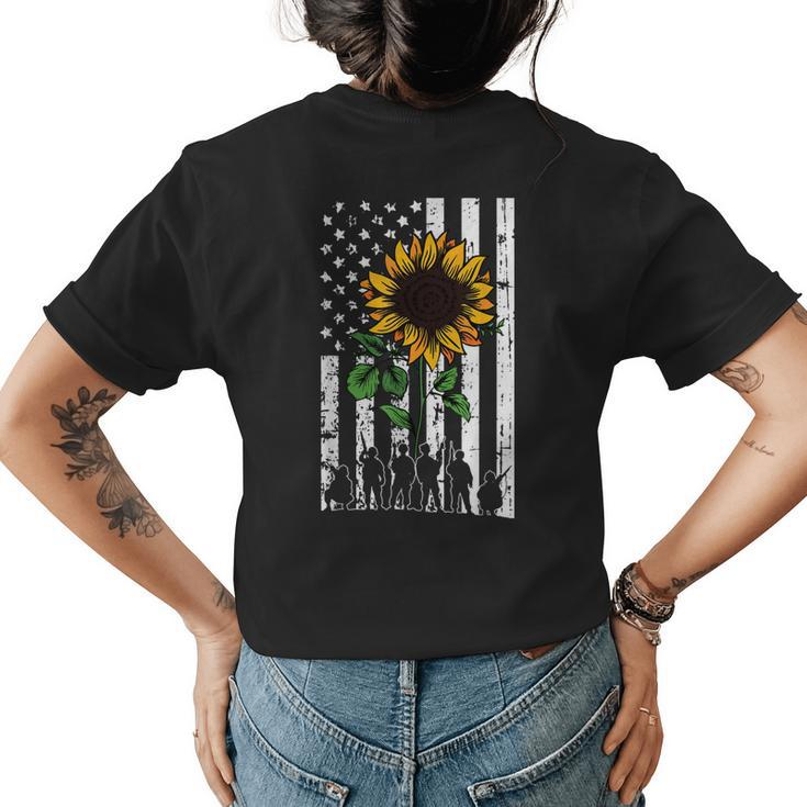 American Flag Sunflower Us Military Veteran Patriotic Gifts Womens Back Print T-shirt