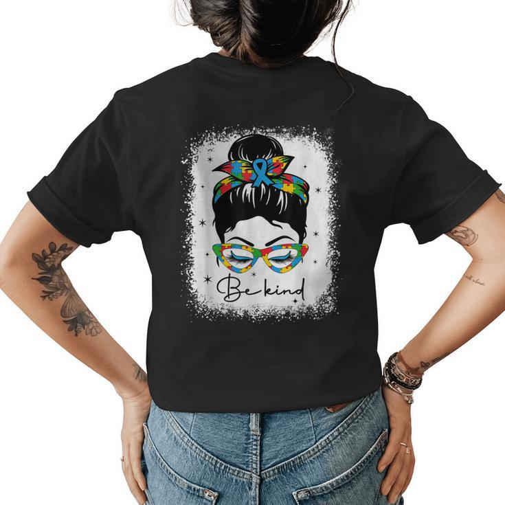 Be Kind Autism Messy Bun Autistic Girl Woman Autism Puzzle Womens Back Print T-shirt