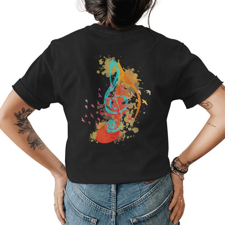 Colorful Treble Clef Music Theory Musician Teacher Birds  Womens Back Print T-shirt