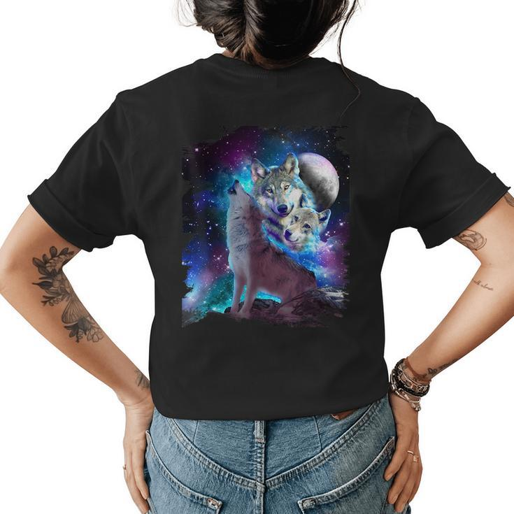 Cosmic Space Wolf Wolves Family Howling At Moon  Womens Back Print T-shirt