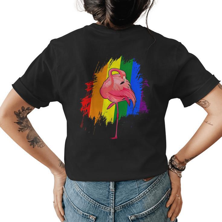 Cute Pink Flamingo Rainbow Flag Lgbt Gay Lesbian Pride Month  Womens Back Print T-shirt