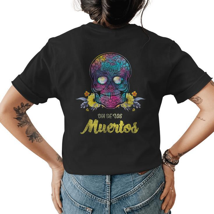 Day Of The Dead Dia De Los Muertos Floral Teal Womens Back Print T-shirt