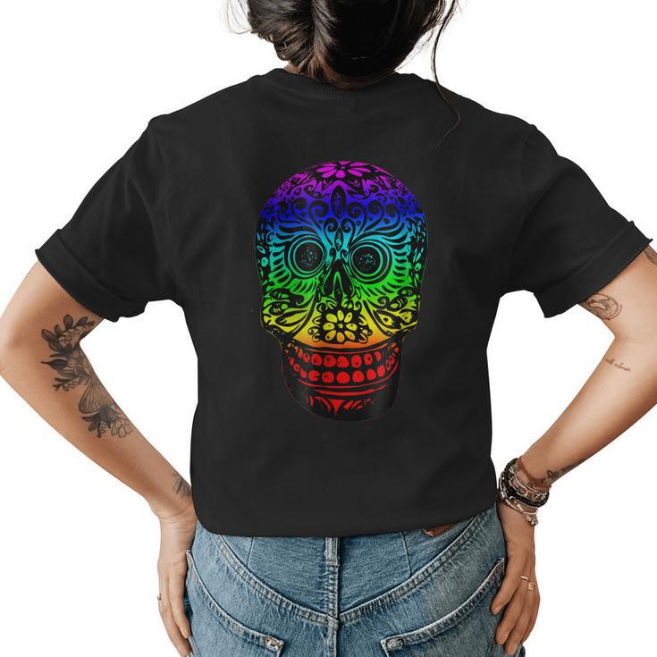 Day Of The Dead Floral Skull Dia De Los Muertos Womens Back Print T-shirt