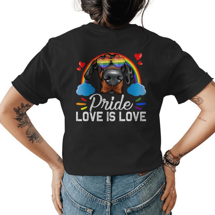 Fun Lgbt Pride Love Is Love Rainbow Doberman Dog   Womens Back Print T-shirt