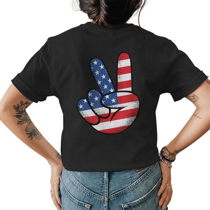 Funny 4Th Of July Peace Hand American Flag Patriotic Usa  Womens Back Print T-shirt