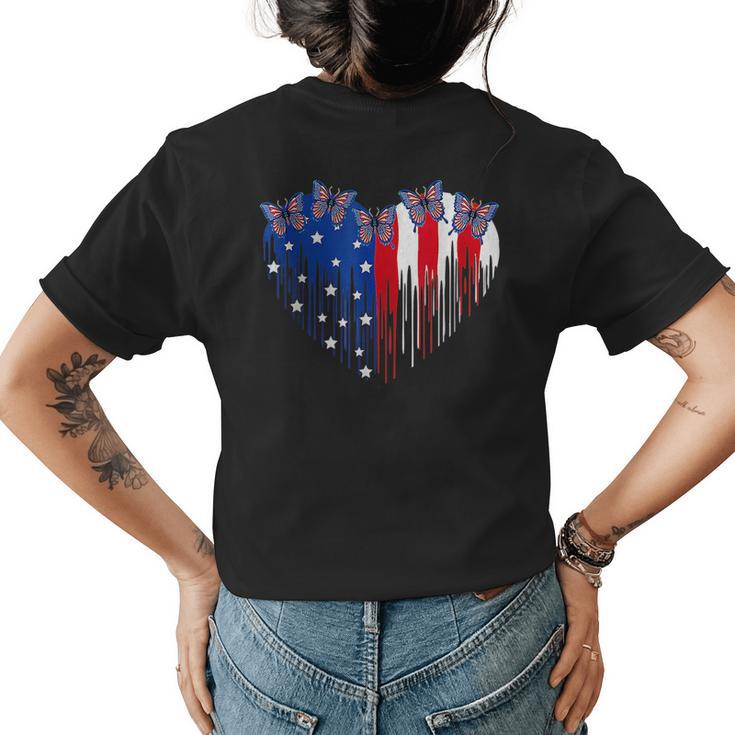 Funny Butterfly Heart With Usa Flag Patriotic 4Th Of July  Womens Back Print T-shirt
