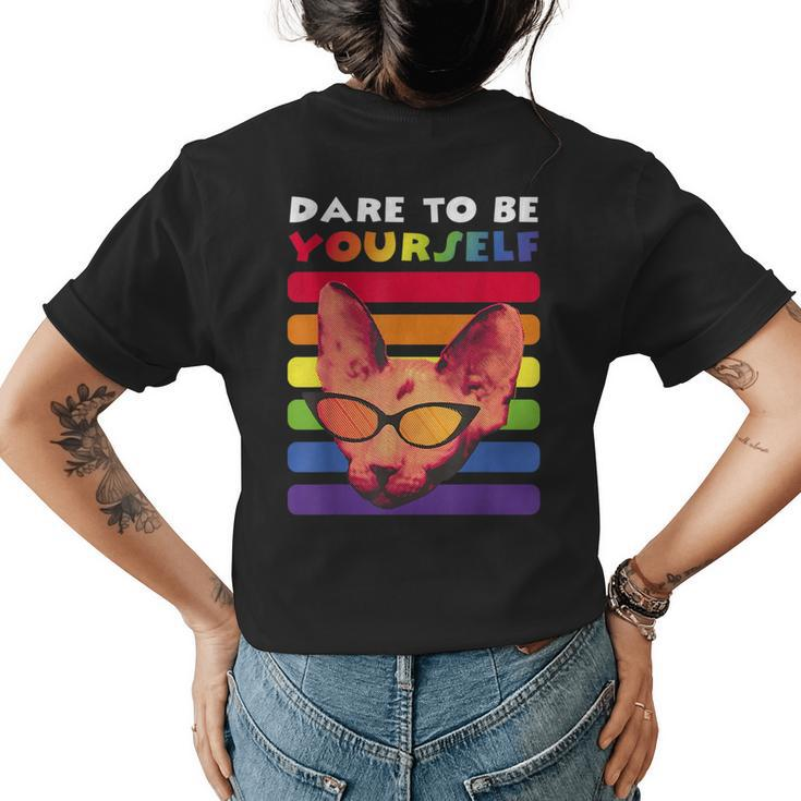 Gay Pride Dare To Be Yourself Rainbow Lgbt Vintage Retro Cat  Womens Back Print T-shirt