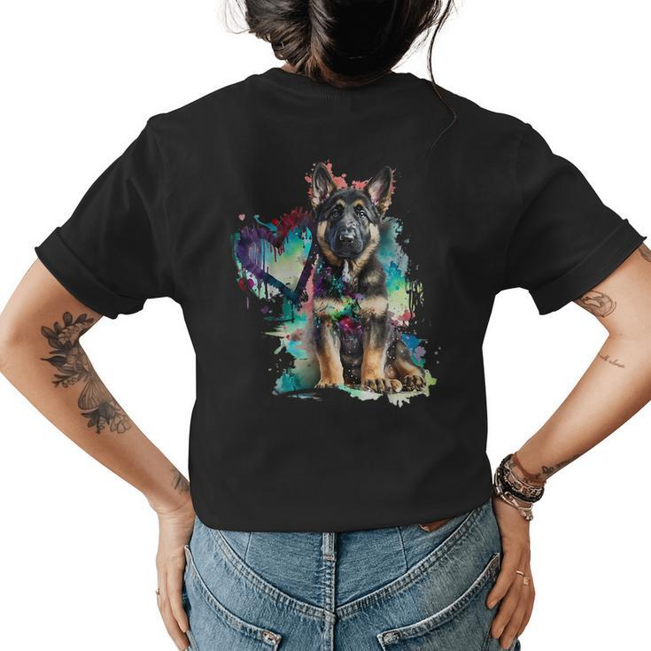 German Shepherd Puppy Mom Lover Watercolor Painting Heart  Womens Back Print T-shirt