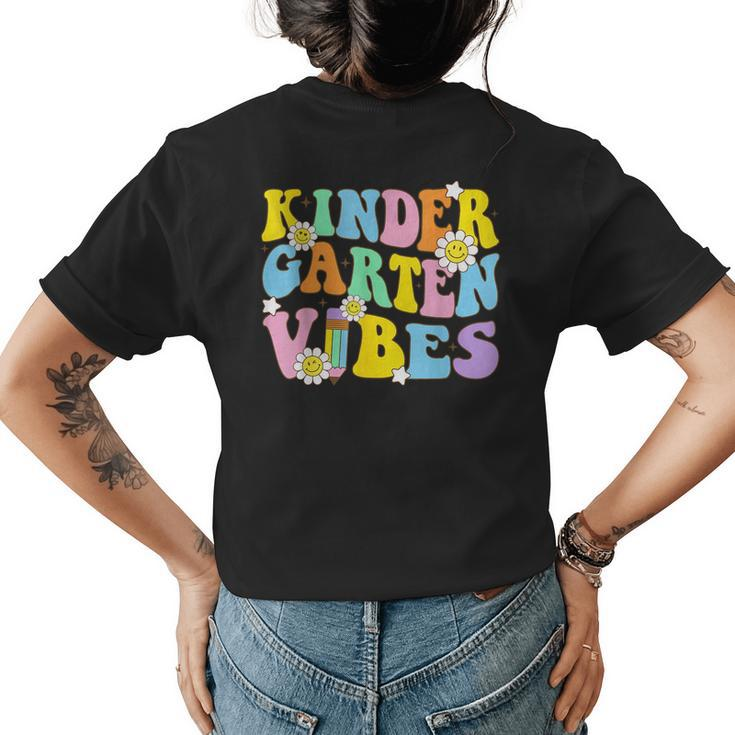Groovy Hello Kindergarten Vibes Retro Teacher Back To School  Women's Crewneck Short Sleeve Back Print T-shirt