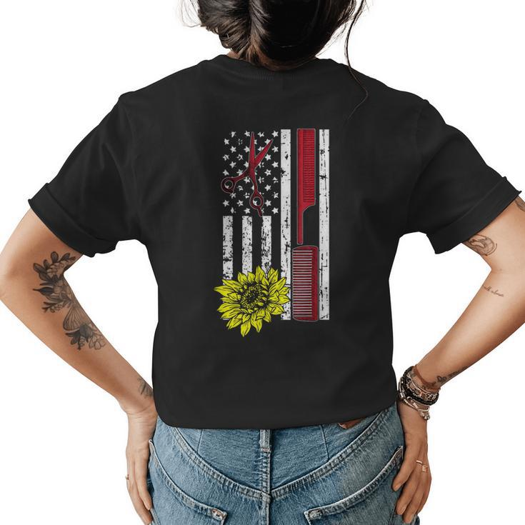 Hairdresser American Flag Sunflower Cool Hair Stylist Gifts Womens Back Print T-shirt