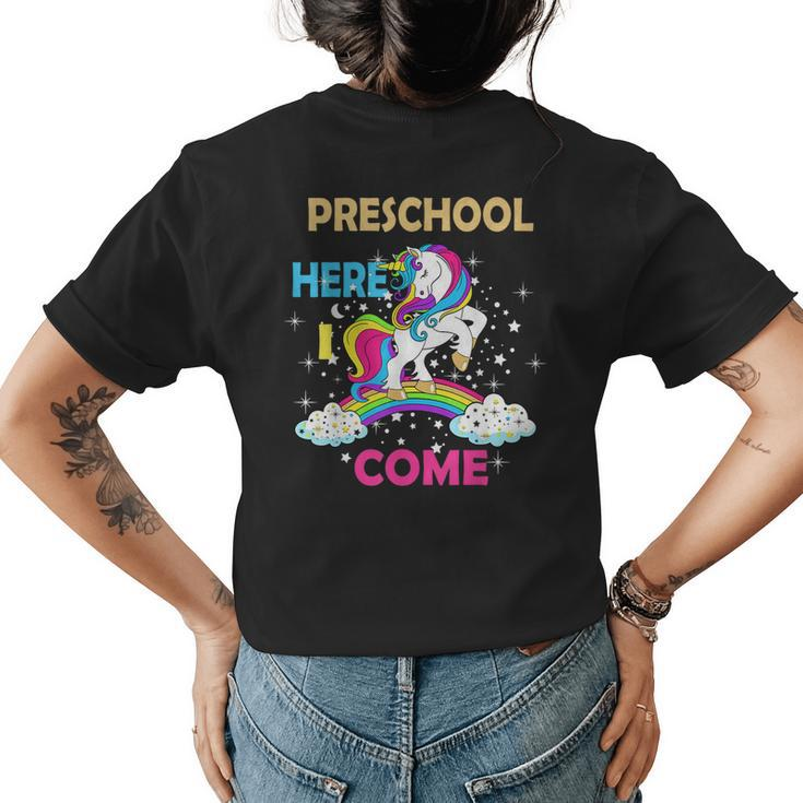 Look Out Preschool Here I Come Girl Unicorn Pre School  Womens Back Print T-shirt