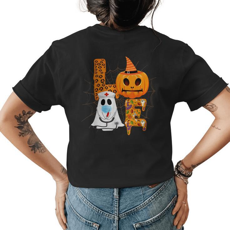 Love Nurse Life Pumpkin Leopard Fall Halloween Nurses Womens T-shirt Back Print