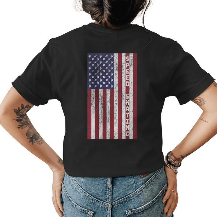 Patriotic Speed Skating Design - Retro American Flag Graphic  Patriotic Funny Gifts Womens Back Print T-shirt