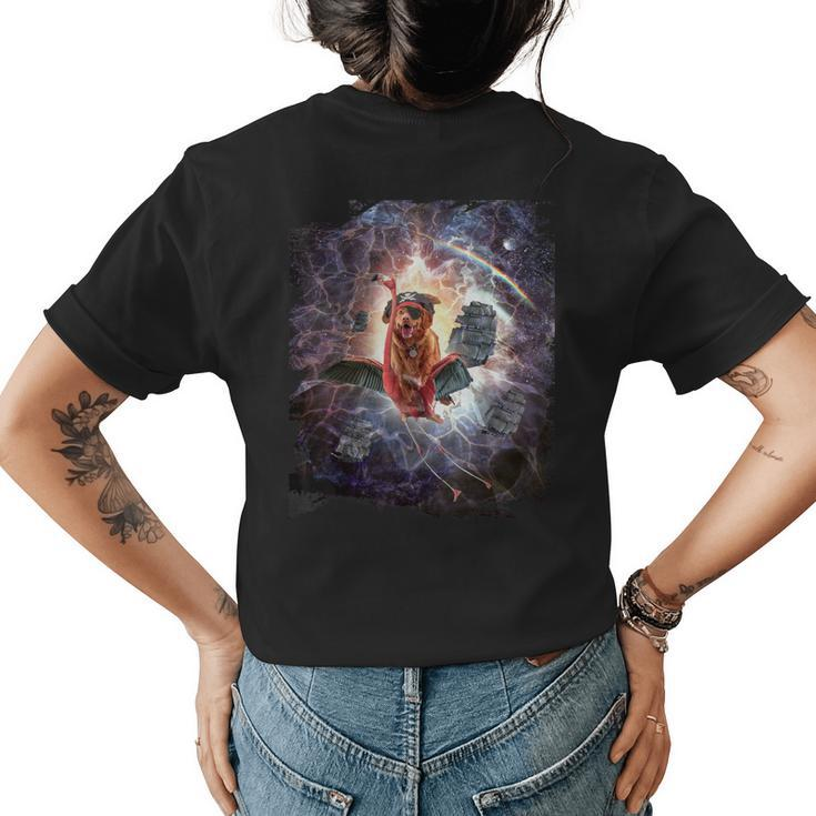 Pirate Dog Riding Flamingo In Space Womens Back Print T-shirt