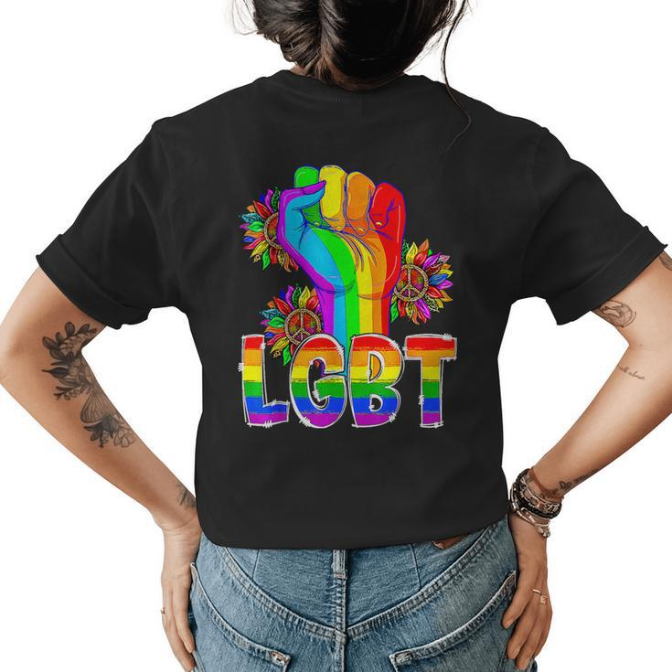 Proud Rainbow Hand Fist Lgbt Rainbow Sunflower Pride Month  Womens Back Print T-shirt